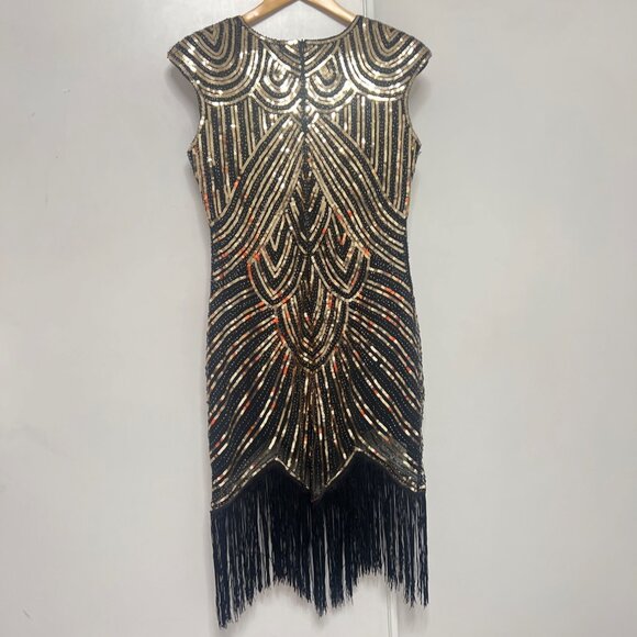 Flapper Costume Black Gold Sequins 1920s Set Size Medium - Picture 6 of 8